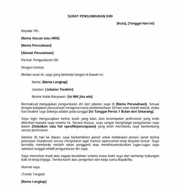 Contoh Surat Resign One Month Notice - DOKU.Promo